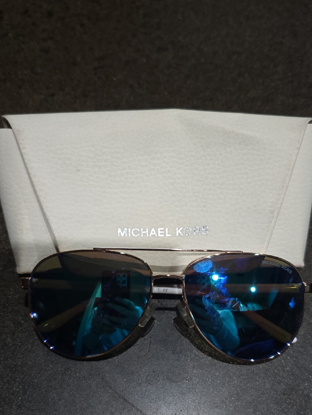 Michael Kors Gold Frame Sunglasses with Blue Mirror Lenses